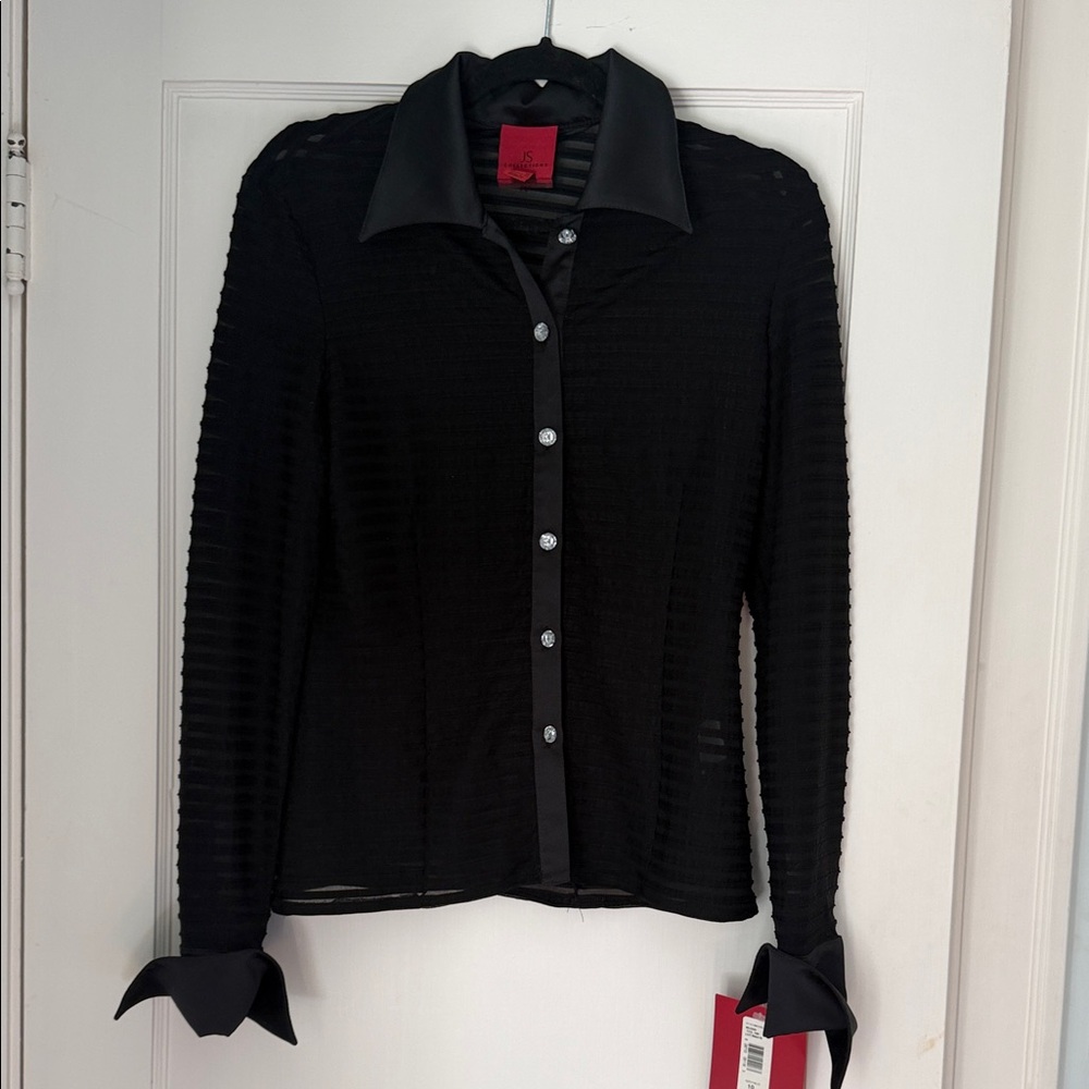 JS Collections Black Long-Sleeve Sheer Button-Up Top - Women's